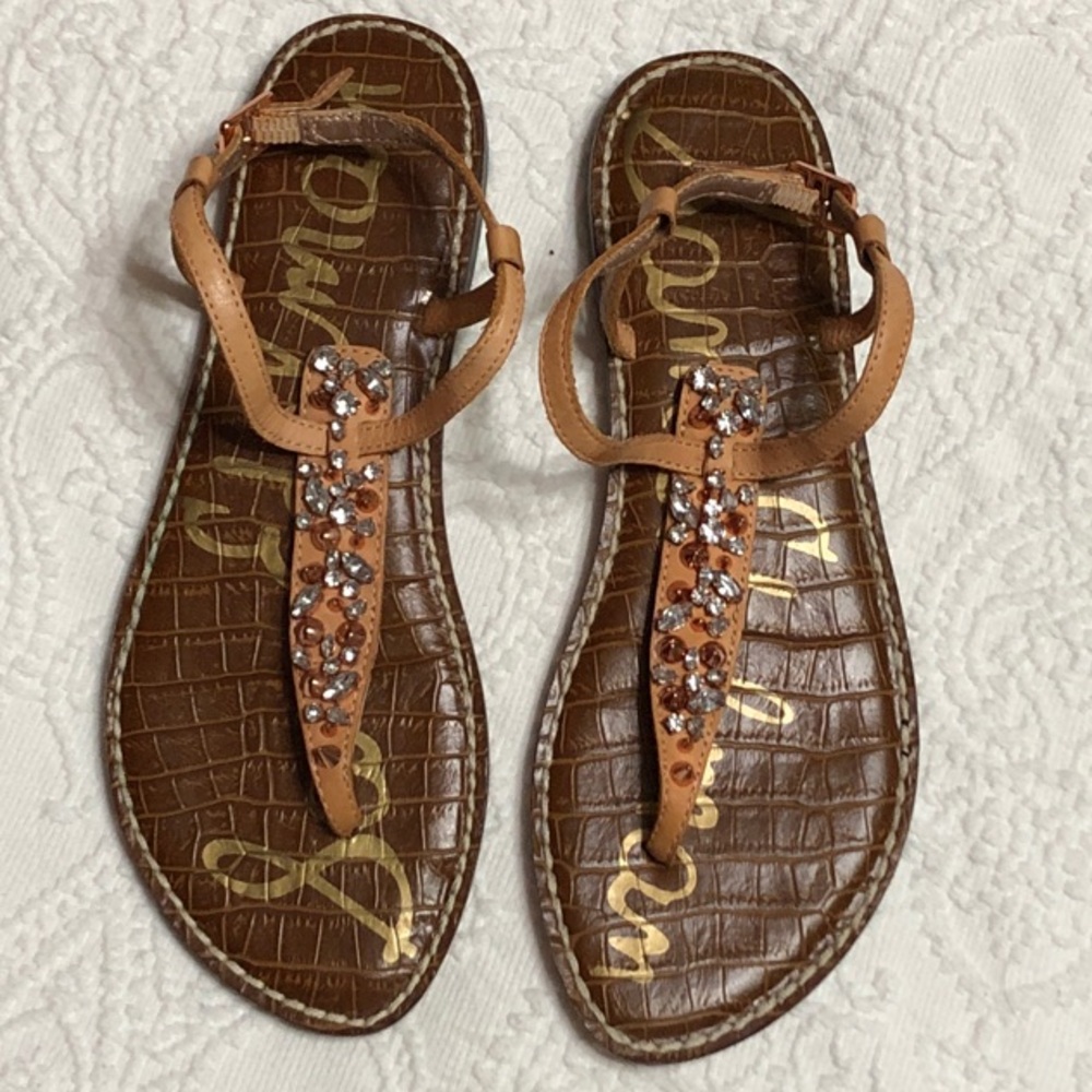 Sam Edelman Tan Leather Rhinestone Sandals Size 7 with Rose Gold Hardware